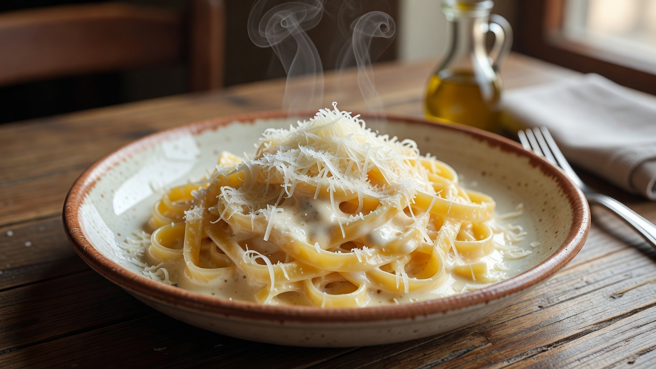 Delicious authentic Fettuccine Alfredo plated with parmesan