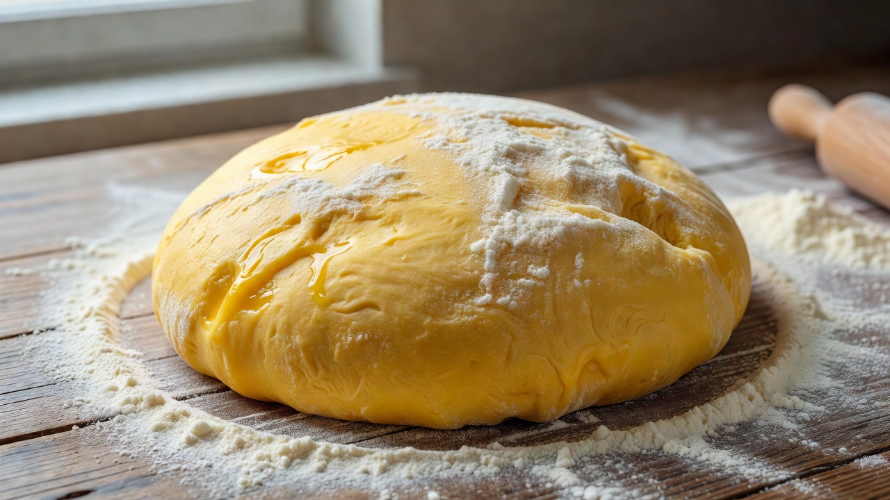 Freshly kneaded golden pasta dough