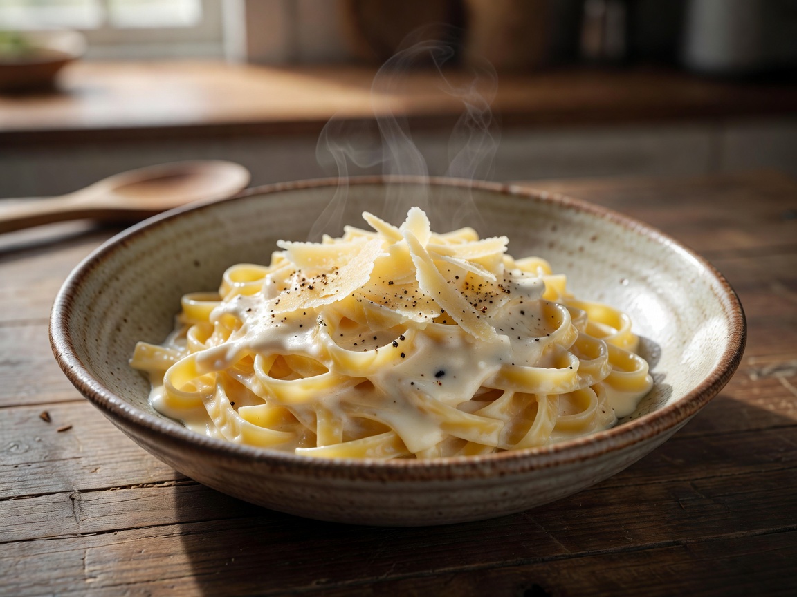 Freshly plated Fettuccine Alfredo in a ceramic bowl