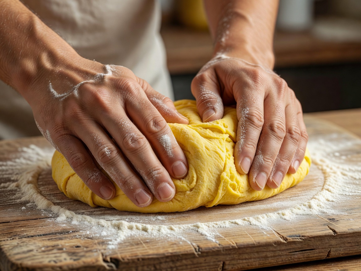 Hands kneading fresh yellow egg pasta dough on a wooden board
