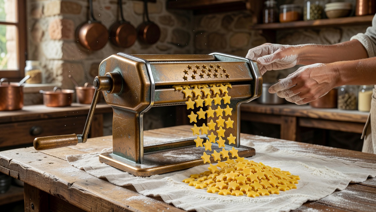 Traditional bronze die pasta machine extruding pasta